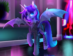 Size: 2800x2160 | Tagged: safe, artist:naafreelanceartist, oc, oc only, alicorn, bat pony, bat pony alicorn, pony, bat wings, clothes, converse, grin, high res, horn, horn ring, indoors, jacket, leather, leather jacket, nightclub, ring, shoes, smiling, solo, walking, watermark, wings