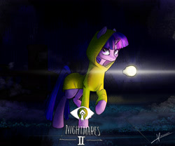 Size: 3000x2500 | Tagged: safe, artist:naafreelanceartist, twilight sparkle, pony, unicorn, g4, crossover, female, flashlight (object), high res, horn, little nightmares, little nightmares 2, mare, night, raincoat, solo