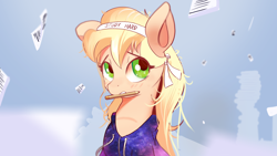 Size: 3840x2160 | Tagged: safe, artist:naafreelanceartist, oc, oc only, oc:naa, earth pony, pony, blushing, bust, clothes, headband, high res, hoodie, mouth hold, paperwork, pencil, sitting, solo, student, worried