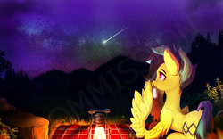 Size: 1920x1200 | Tagged: safe, artist:naafreelanceartist, oc, oc only, oc:koa, pegasus, pony, drink, drinking, forest, lantern, lying down, mug, nature, night, oil lamp, outdoors, picnic blanket, prone, shooting star, solo, stars, tree, watermark, wing hands, wings