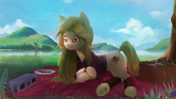 Size: 3840x2160 | Tagged: safe, artist:naafreelanceartist, oc, oc only, earth pony, pony, basket, boombox, clothes, crossed hooves, food, high res, leg warmers, lying down, picnic, picnic basket, prone, sandwich, scenery, shirt, solo, water