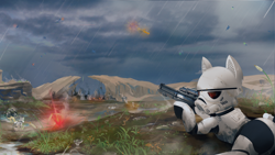 Size: 3840x2160 | Tagged: safe, artist:naafreelanceartist, pony, 4k, crossover, fight, fire, high res, lying down, prone, rain, scenery, solo, star wars, stormtrooper, weapon