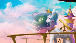 Size: 3494x1965 | Tagged: safe, artist:naafreelanceartist, princess celestia, alicorn, pony, g4, balcony, cloud, female, high res, mare, sky, solo, telescope, windswept mane