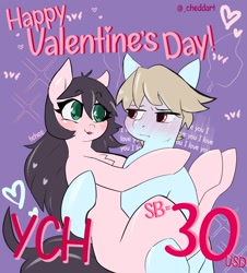 Size: 2048x2265 | Tagged: safe, artist:cheddart, oc, pony, any gender, any race, any species, auction, auction open, blushing, commission, female, heart, holding, holding a pony, holiday, love, male, mare, stallion, valentine, valentine's day, your character here