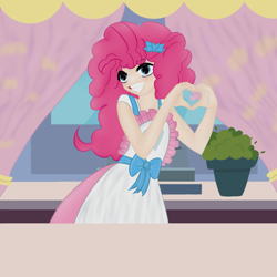 Size: 1280x1280 | Tagged: safe, artist:emma63194nr, pinkie pie, human, equestria girls, g4, apron, clothes, female, heart hands, indoors, solo