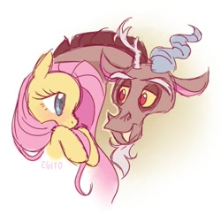 Size: 715x694 | Tagged: safe, artist:egitojuniior, discord, fluttershy, g4, antlers, blushing, duo, duo male and female, female, horn, looking at each other, looking at someone, male, ship:discoshy, shipping, signature, straight