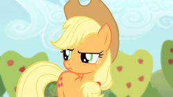 Size: 1920x1080 | Tagged: safe, screencap, applejack, earth pony, pony, bats!, g4, my little pony: friendship is magic, season 4, apple, apple tree, applejack is best facemaker, depth of field, female, frown, furrowed brow, looking to the left, mare, outdoors, solo, tree