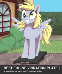 Size: 2500x3000 | Tagged: safe, artist:t72b, derpy hooves, pegasus, pony, g4, animated, female, grass, grin, house, mare, outdoors, smiling, solo, spread wings, standing, text, tree, vibrating, wings