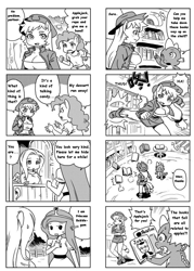 Size: 700x976 | Tagged: safe, artist:shepherd0821, applejack, fluttershy, pinkie pie, anthro, comic:friendship is 4komagic, g4, 4 panel comic, 4koma, adventure time, applejack's hat, comic, cowboy hat, female, grayscale, hat, manga, monochrome, princess bubblegum, pun, rope, steve jobs, translation