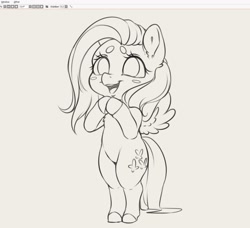 Size: 1373x1253 | Tagged: safe, artist:miokomata, fluttershy, pegasus, pony, semi-anthro, g4, blush sticker, blushing, chibi, cute, grayscale, hooves together, monochrome, no pupils, open mouth, open smile, shyabetes, simple background, smiling, solo, spread wings, white background, wings