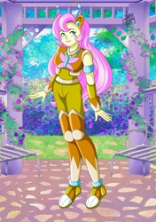 Size: 1512x2151 | Tagged: safe, artist:rockmangurlx, fluttershy, gynoid, human, robot, equestria girls, g4, crossover, female, flutterbot, garden, mega man (series), outdoors, robot master, roboticization, ruby spears, smiling, solo