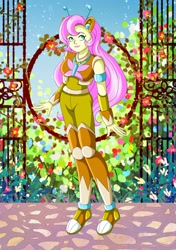 Size: 1512x2151 | Tagged: safe, alternate version, artist:rockmangurlx, fluttershy, gynoid, human, robot, equestria girls, g4, crossover, female, flutterbot, garden, mega man (series), outdoors, robot master, roboticization, ruby spears, smiling, solo