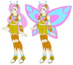 Size: 1703x1512 | Tagged: safe, alternate version, artist:rockmangurlx, fluttershy, gynoid, human, robot, equestria girls, g4, butterfly wings, colored, crossover, female, flat colors, flutterbot, mega man (series), robot master, roboticization, ruby spears, simple background, smiling, solo, white background, wings