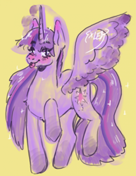 Size: 1687x2184 | Tagged: safe, artist:amoza, twilight sparkle, alicorn, pony, g4, :p, female, looking at you, mare, one wing out, simple background, solo, tongue out, twilight sparkle (alicorn), wings, yellow background