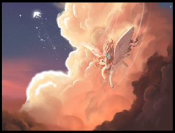 Size: 2204x1672 | Tagged: safe, artist:fridagloria, oc, oc only, bird, pegasus, pony, bow, cloud, cloudy, evening, flying, hair bow, magic, scenery, sky, solo, spread wings, wings