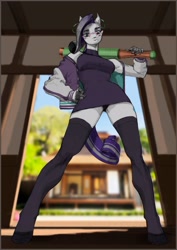 Size: 2480x3508 | Tagged: safe, artist:hdoctor, rarity, anthro, unguligrade anthro, g4, ayase seiko, baseball bat, cigarette, clothes, crossover, dandadan, doorway, female, glasses, high res, low angle, panties, solo, stockings, sweater, thigh highs, underwear