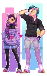 Size: 1080x1728 | Tagged: safe, artist:malinraf1615, hitch trailblazer, sunny starscout, earth pony, anthro, g5, abstract background, clothes, duo, duo male and female, female, implied shipping, implied starblazer, implied straight, male, mare, stallion