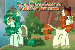 Size: 1920x1280 | Tagged: safe, artist:zoeyhorse, autumn blaze, wallflower blush, kirin, fanfic:even green leaves fall for autumn, g4, duo, duo female, fanfic art, female, kirin-ified, lesbian, looking at each other, looking at someone, looking back, outdoors, ship:wallflowerblaze, shipping, smiling, smiling at each other, species swap, text