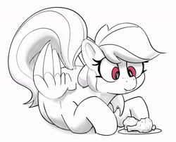 Size: 2105x1700 | Tagged: safe, artist:pabbley, rainbow dash, pegasus, pony, g4, black and white, chicken leg, chicken meat, drool, female, food, fried chicken, grayscale, kitchen eyes, looking at something, lying down, mare, meat, monochrome, partial color, ponies eating meat, prone, simple background, solo, white background