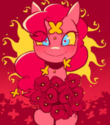 Size: 1280x1453 | Tagged: safe, artist:piesinful, pinkie pie, earth pony, pony, comic:unlucky day, fanfic:cupcakes, g4, eye clipping through hair, female, flower, looking at you, mare, smiling, solo, solo female