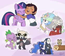 Size: 2123x1829 | Tagged: safe, artist:chris-thekid, owlowiscious, princess celestia, princess luna, spike, twilight sparkle, alicorn, bird, dragon, owl, g4, crossover, edalyn clawthorne, female, hooty, king clawthorne, lilith clawthorne, luz noceda (the owl house), male, royal sisters, siblings, sisters, the owl house, twilight sparkle (alicorn), witch