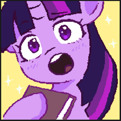 Size: 729x728 | Tagged: safe, artist:makaryo, twilight sparkle, pony, unicorn, g4, book, border, bust, eyebrows, eyebrows visible through hair, female, horn, looking at you, mare, open mouth, simple background, solo, sparkles, yellow background