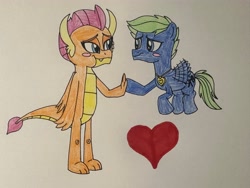 Size: 4032x3024 | Tagged: safe, artist:dylanwayneburk, smolder, oc, oc:lightning twister, dragon, pegasus, g4, my little pony: friendship is magic, age difference, boyfriend and girlfriend, child, colt, couple, cute, duo, duo male and female, female, flying, foal, heart, heart locket, hearts and hooves day, holiday, interspecies offspring, locket, locket necklace, male, offspring, parent:capper dapperpaws, parent:fluttershy, parents:cappershy, simple background, smolderbetes, teenaged dragon, traditional art, valentine's day