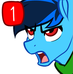 Size: 537x541 | Tagged: safe, artist:mxiiisy, oc, oc only, oc:cobalt chaser, pegasus, pony, angry, annoyed, blue coat, blue mane, clothes, digital art, emotes, hoodie, jacket, male, notification, pegasus oc, red eyes, simple background, solo, sweater, transparent background