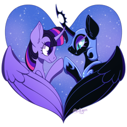 Size: 1530x1530 | Tagged: safe, artist:acidigon, nightmare moon, twilight sparkle, alicorn, pony, g4, female, hooves together, lesbian, looking at each other, looking at someone, mare, ship:twimoon, shipping, simple background, transparent background