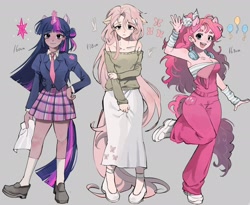 Size: 2048x1680 | Tagged: safe, artist:memoji_0708, fluttershy, pinkie pie, twilight sparkle, human, g4, alternate hairstyle, bare shoulders, blazer, blushing, book, breasts, cleavage, clothes, cute, dark skin, duo, duo female, eared humanization, female, floppy ears, glowing, glowing horn, gray background, hand on hip, horn, horned humanization, humanized, lidded eyes, looking at you, magic, messy hair, necktie, off shoulder, off shoulder sweater, open mouth, open smile, plaid skirt, shirt, shyabetes, simple background, skirt, smiling, sweater, tail, tailed humanization, twiabetes