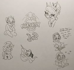 Size: 2048x1915 | Tagged: safe, artist:pony quarantine, oc, oc only, oc:nyx, alicorn, human, pony, chopsticks in hair, computer, computer mouse, dexterous hooves, female, filly, foal, fur collar, glasses, grayscale, grin, hair bun, keyboard, lidded eyes, looking at you, mare, monochrome, narrowed eyes, nyxruary, older, older nyx, open mouth, pen drawing, round glasses, smiling, smiling at you, teary eyes, traditional art, vintage story, volumetric mouth