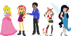 Size: 1289x656 | Tagged: safe, artist:sturk-fontaine, sunset shimmer, oc, oc:garrick, fairy, human, plusle, equestria girls, g4, base used, crossover, disney fairies, may (pokémon), pokémon, princess peach, silvermist, simple background, super mario, white background