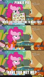 Size: 500x874 | Tagged: safe, edit, edited screencap, screencap, applejack, pinkie pie, earth pony, pony, g4, my little pony: friendship is magic, pinkie apple pie, season 4, caption, female, hub logo, ifunny, image macro, lifejacket, logo, mare, scrapbook, text, the hub