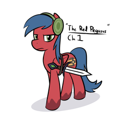 Size: 950x950 | Tagged: safe, artist:ossilia flawol, derpibooru exclusive, oc, oc:red (someponys disillusion), pegasus, fanfic:someponys disillusion, g4, blue mane, coat markings, fanfic art, green eyes, headphones, pegasus oc, red coat, solo, sword, weapon