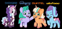 Size: 1080x506 | Tagged: safe, glory (g5), peach fizz, seashell (g5), violette rainbow, earth pony, pegasus, pony, unicorn, g5, my little pony: tell your tale, black background, bow, coat markings, crossover, female, filly, foal, grin, group, horn, jewelry, looking at you, necklace, one eye closed, open mouth, open smile, pippsqueak trio, pippsqueaks, quartet, simple background, smiling, smiling at you, socks (coat markings), tail, tail bow, vitiligo, wink, winking at you