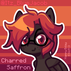 Size: 475x475 | Tagged: safe, artist:itz_bluejacob, derpibooru exclusive, oc, oc only, oc:charred saffron, pegasus, pony, bust, digital art, folded wings, freckles, glasses, newbie artist training grounds, pixel art, portrait, red background, simple background, solo, watermark, wings