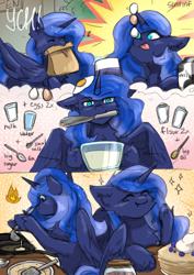 Size: 2480x3508 | Tagged: safe, artist:sinrinf, princess luna, alicorn, g4, comic, commission, cooking, egg (food), food, jam, milk, pancakes, sketch, solo, your character here