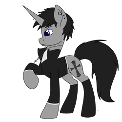 Size: 1500x1500 | Tagged: safe, artist:ruchiyoto, oc, oc only, oc:black cross, pony, unicorn, clothes, ear piercing, horn, jewelry, male, necklace, piercing, simple background, solo, stallion, transparent background