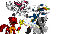 Size: 2560x1440 | Tagged: safe, artist:micaruss, oc, oc only, oc:black cross, oc:emala jiss, oc:rainbow storm, oc:tootsie4ever, pegasus, pony, unicorn, zebra, axe, clothes, horn, magic, scepter, simple background, sword, transparent background, twilight scepter, weapon