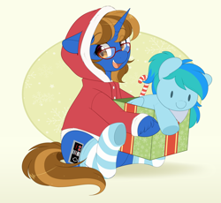 Size: 2850x2620 | Tagged: safe, artist:higglytownhero, oc, oc only, oc:retro bit, oc:stormy waters, original species, pegasus, plush pony, pony, unicorn, candy, candy cane, clothes, commission, female, food, glasses, hoodie, horn, mare, neckerchief, plushie, ponytail, present, simple background, smiling, socks, two toned mane, unshorn fetlocks, ych result