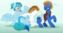 Size: 4800x2545 | Tagged: safe, artist:shuphle, oc, oc only, oc:retro bit, oc:stormy waters, pegasus, pony, unicorn, bandana, blushing, clothes, commission, crinkle, decorated diaper, diaper, diaper butt, diaper fetish, diaper grinding, diapered, duo, duo female, female, fetish, hair, heart, horn, lesbian, mane, mare, non-baby in diaper, pegasus wings, poofy diaper, retro, spread wings, tail, underhoof, unicorn horn, unshorn fetlocks, vest, white diaper, wings, ych result