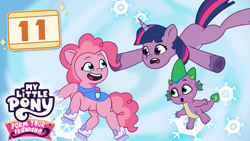 Size: 1281x720 | Tagged: safe, artist:prixy05, pinkie pie, spike, twilight sparkle, dragon, earth pony, pony, unicorn, my little pony: form your friendship, g4, g5, my little pony: friendship is magic, my little pony: tell your tale, winter wrap up, female, horn, ice skates, mare, skates, snow, snowflake, tell your tale style, thumbnail, trio, unicorn twilight