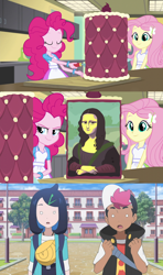 Size: 1280x2160 | Tagged: safe, screencap, fluttershy, pinkie pie, equestria girls, g4, my little pony equestria girls: friendship games, cake, crossover, food, liko, mona lisa, pokémon, pokémon horizons, roy (pokémon horizons)