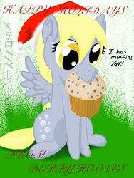 Size: 768x1024 | Tagged: safe, artist:mangakrafter, derpy hooves, pegasus, pony, g4, blueberry muffin (food), christmas, cute, derp, derpabetes, female, food, hat, holiday, mare, mouth hold, muffin, santa hat, solo