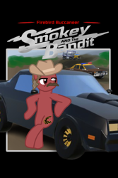 Size: 452x678 | Tagged: safe, oc, oc only, oc:firebird buccaneer, pony, car, dirt road, facial hair, grass, hat, male, moustache, movie poster, movie reference, police car, pontiac firebird, pontiac lemans, scania r-series, stallion, standing on two hooves