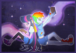 Size: 2556x1780 | Tagged: safe, artist:nimingxiwang168, rainbow dash, twilight sparkle, human, equestria girls, g4, book, duo, duo female, female, lesbian, passepartout, ship:twidash, shipping