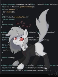 Size: 1500x2000 | Tagged: safe, artist:sleepiefox, oc, oc only, unicorn, clothes, code, female, horn, java (language), mare, missing cutie mark, text