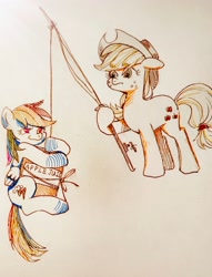 Size: 2194x2876 | Tagged: safe, artist:xinjinjumin6796320, applejack, rainbow dash, g4, apple juice, fishing rod, juice