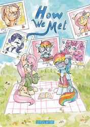 Size: 827x1170 | Tagged: safe, artist:lightisanasshole, applejack, fluttershy, pinkie pie, rainbow dash, rarity, earth pony, pegasus, pony, unicorn, comic:how we met, g4, :p, blushing, egghead dash, female, horn, mare, picnic, tongue out