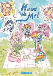 Size: 1920x2715 | Tagged: safe, artist:lightisanasshole, applejack, fluttershy, pinkie pie, rainbow dash, rarity, pony, comic:how we met, g4, book, clothes, glasses, picnic blanket, sweater